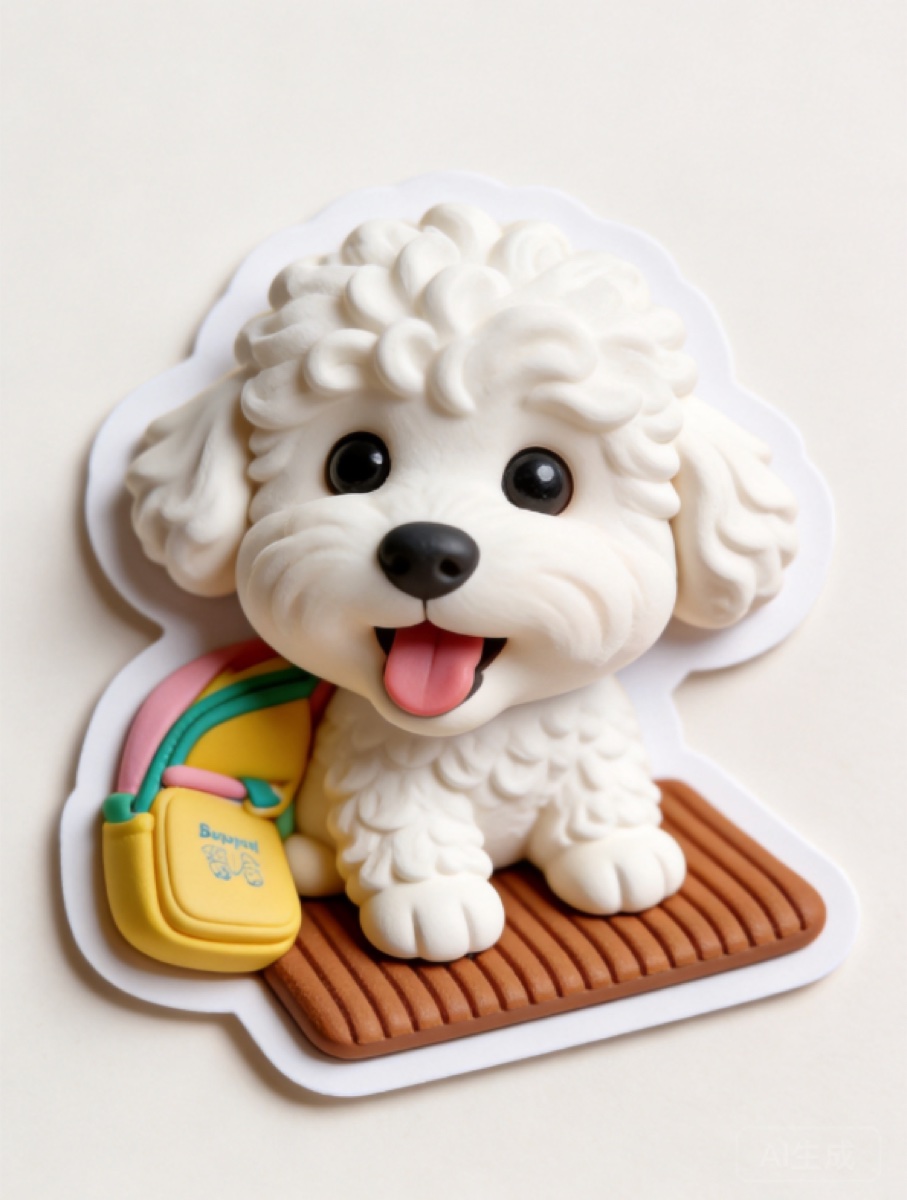 AI-created sticker of the same dog wearing a colorful backpack